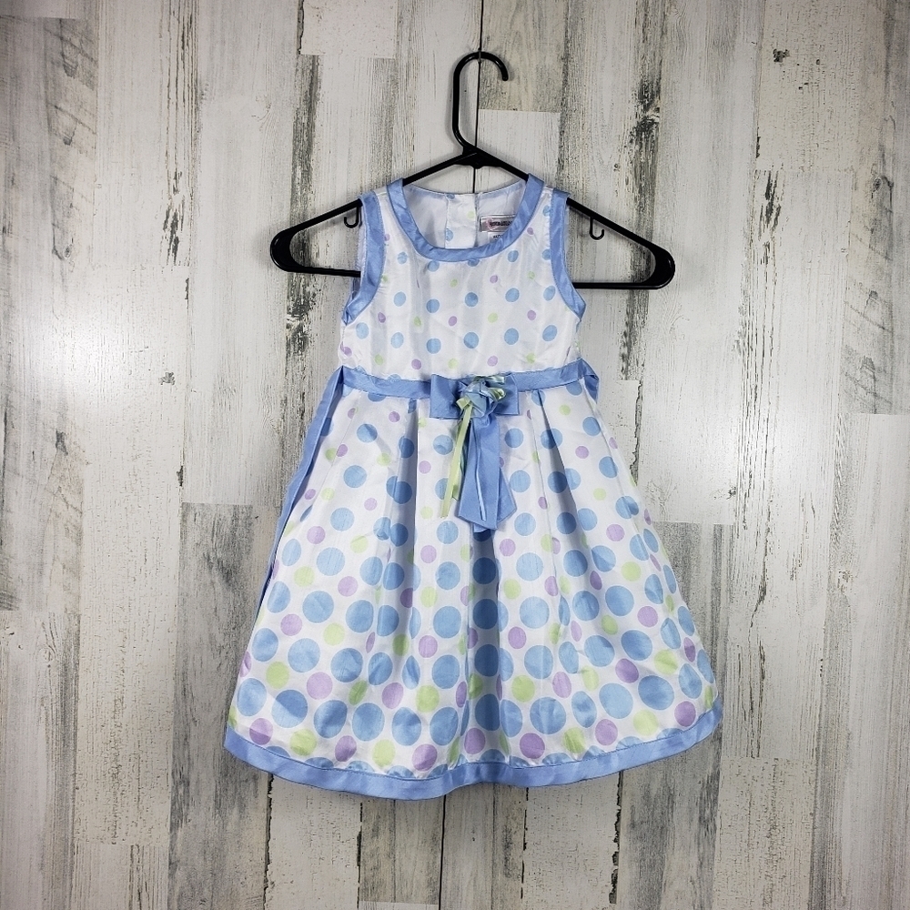 youngland toddler girls blue, white polka-dot Easter dress size 4T